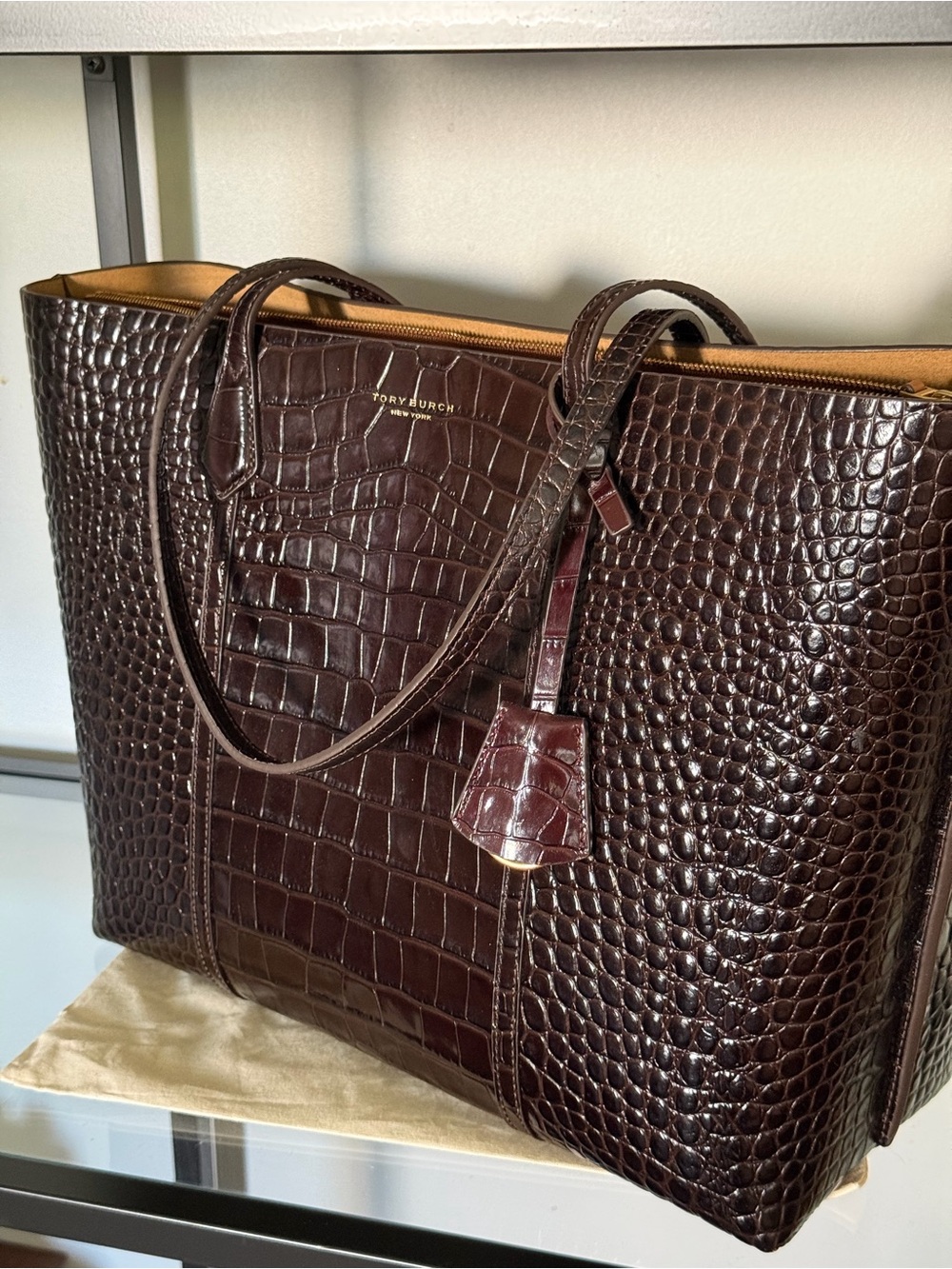 Rare Tory Burch Perry Croc-Embossed Dark Brown Leather Tote